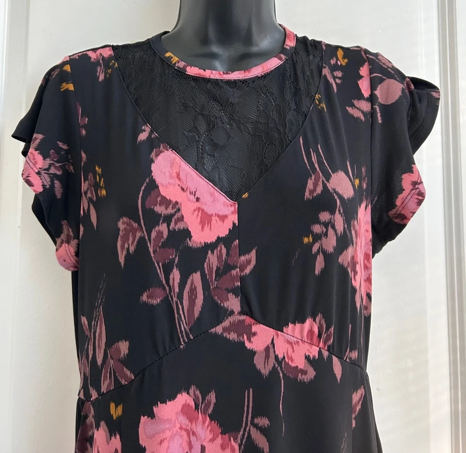 Torrid Womens 00X Sz 10 Black Pink Floral Midi Dress Whimsigoth Grunge 90s Lace - Image 3 of 4