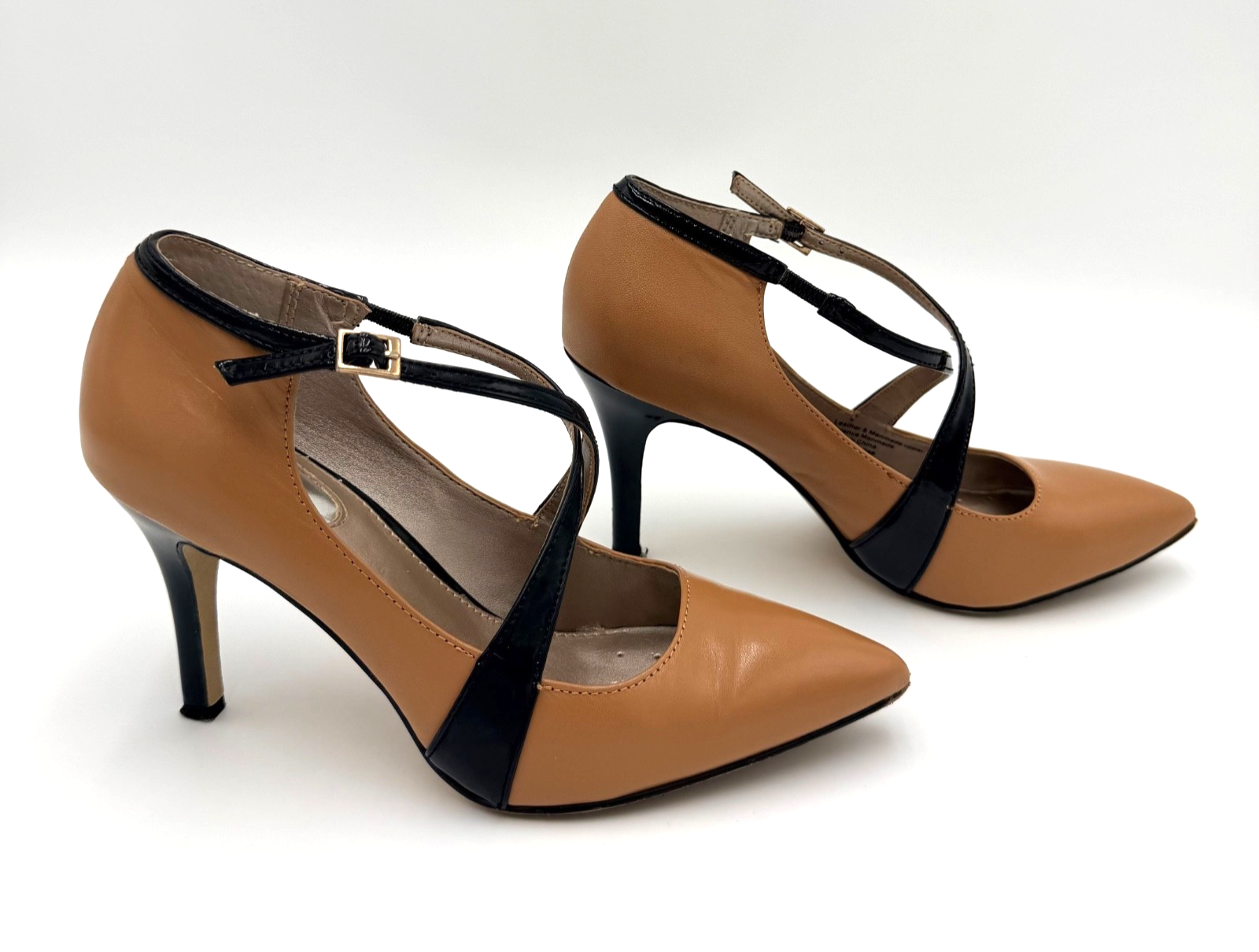 Alfani Step & Flex Women’s Tan Black Cross Strap Heels Shoes Size 6M Pre-Owned