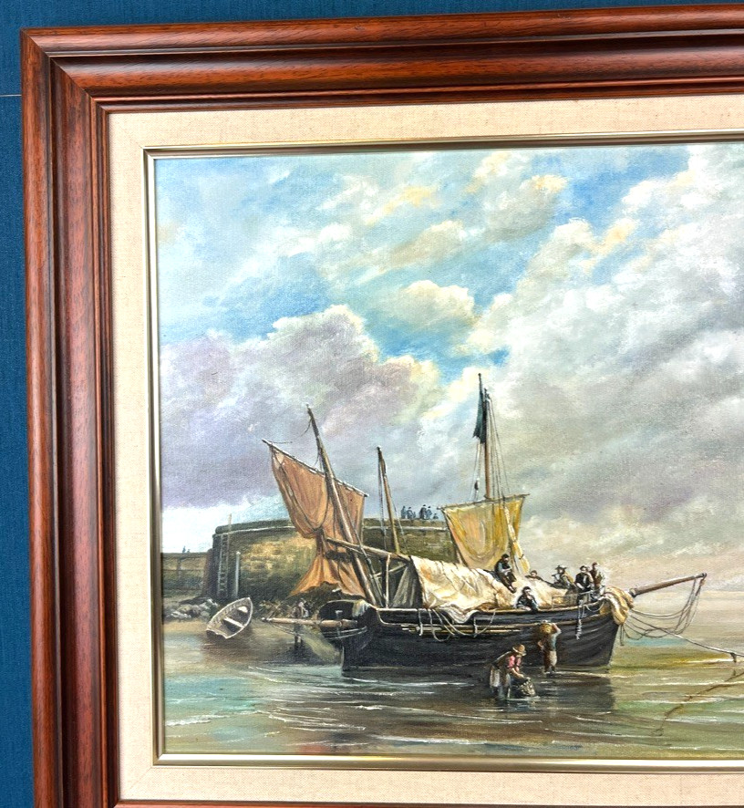 Ron Bearmore Oil Painting Fishermen Near Rotterdam Framed Seascape Harbour Art image 10