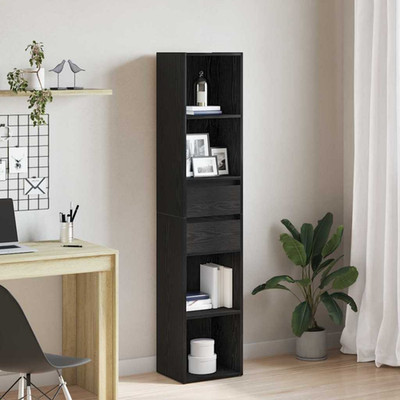 Bücherregal Schwarz Eiche 36x30x171cm Ingenieurholz 4 Ablagen Schublade Modern Slim Schreibtisch