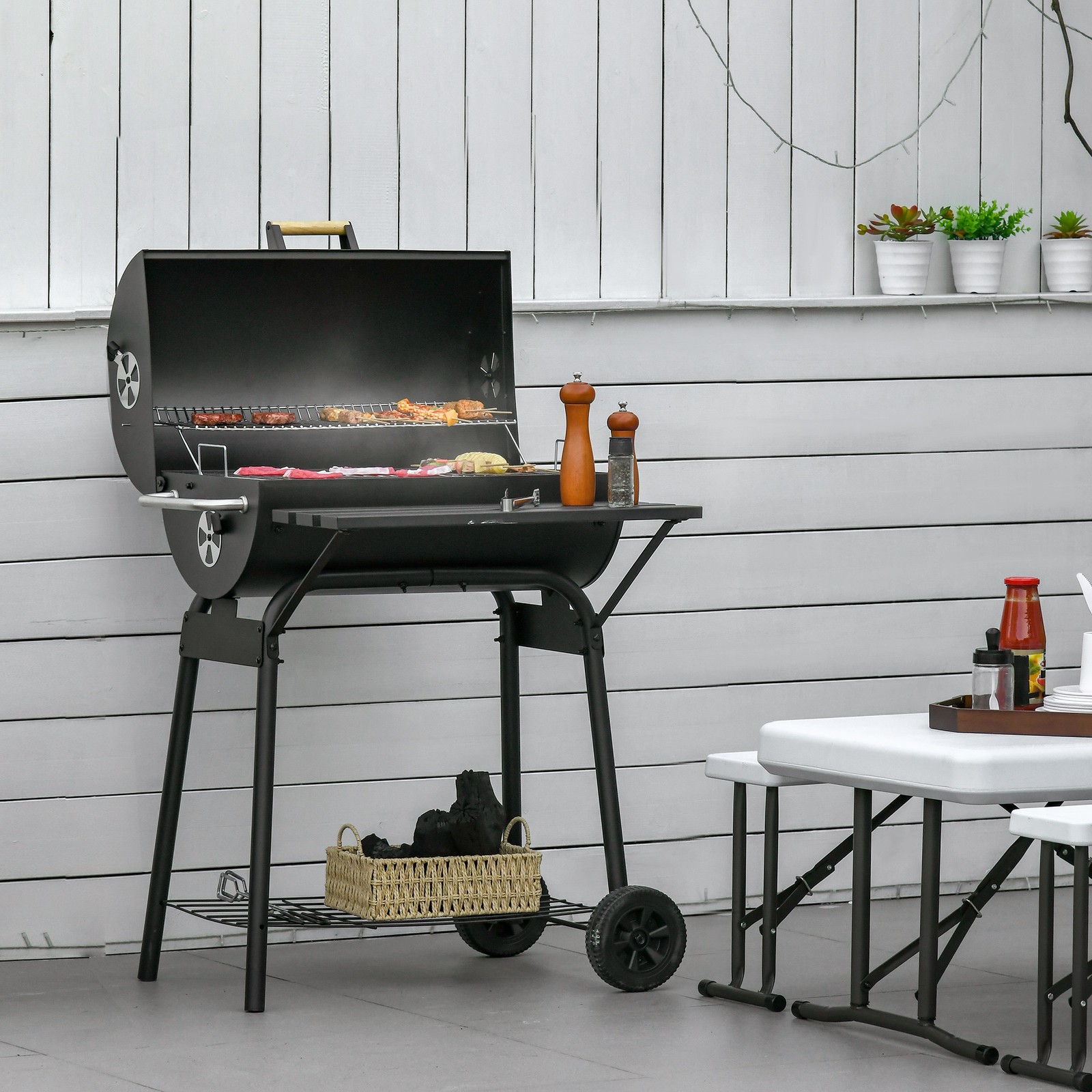 30" Portable Charcoal BBQ Grill w/ Adjustable Charcoal Rack Storage Shelf Wheel