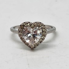 Vtg White CZ Heart Solitaire Halo Cocktail Ring Silver Tone Sz 8 Valentine Love