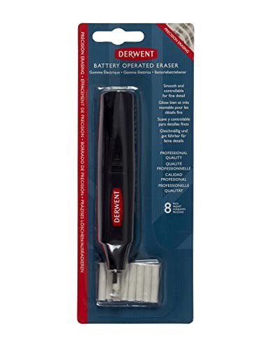 Battery-operated eraser pen, includes 8 spare erasers, suitable for