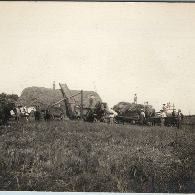 c1900s Farm Threshing Crew RPPC Steam Engine Men Hay Stack Workers Horses Photo