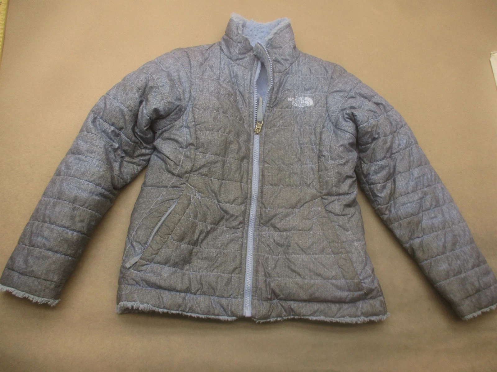 The North Face Size S (7/8) Girls Gray Sherpa Lined Full Zip No Hood Jacket 826