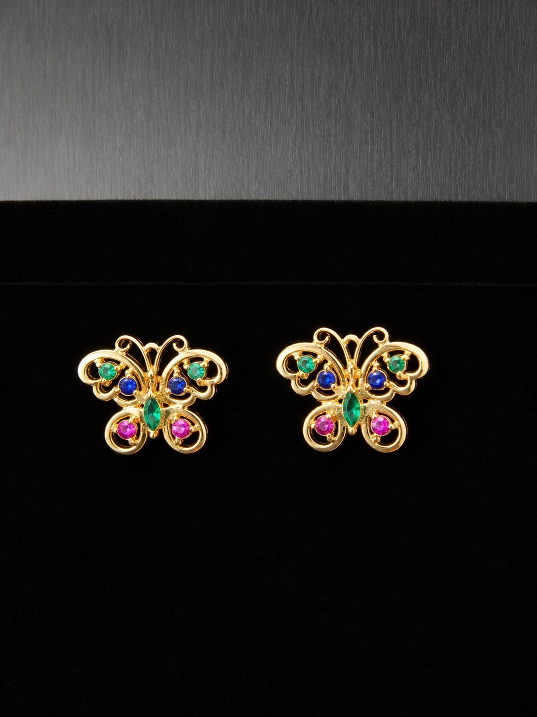 Vintage 14k yellow gold natural ruby sapphire and emerald butterfly earrings