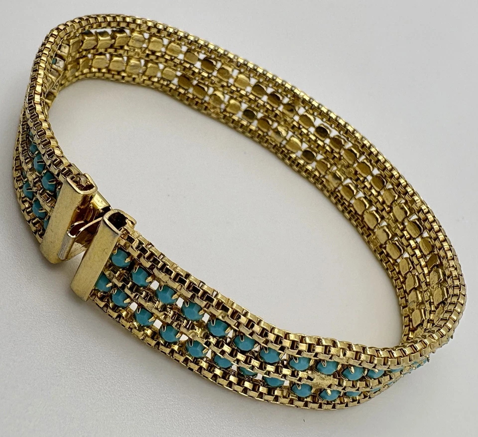 Vintage-Armband aus Gold mit flachen Gliedern, türkisblauen Perlen BREIT BKA20 - Bild 3 von 4