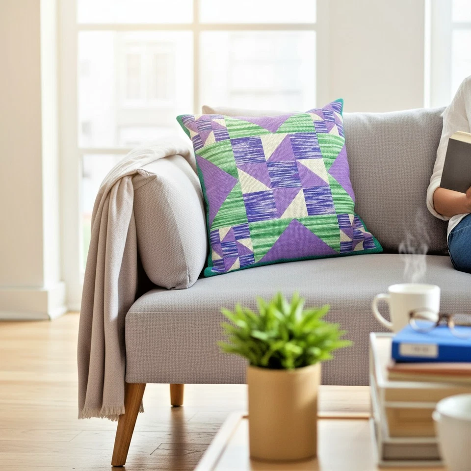 Almohada Bargello Hecha a Mano - Diseño Geométrico Púrpura y Verde Audaz, 14"x14" Foto 4 de 4