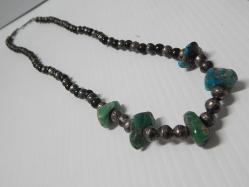 VINTAGE 29" STERLING SILVER NAVAJO HAND MADE BEADS + TURQUOISE NECKLACE- NICE ! - Picture 2 of 6