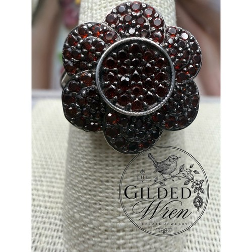 BBJ 925 Sterling Silver Garnet Pave Flower Ring Size 9 Statement Cocktail Ring