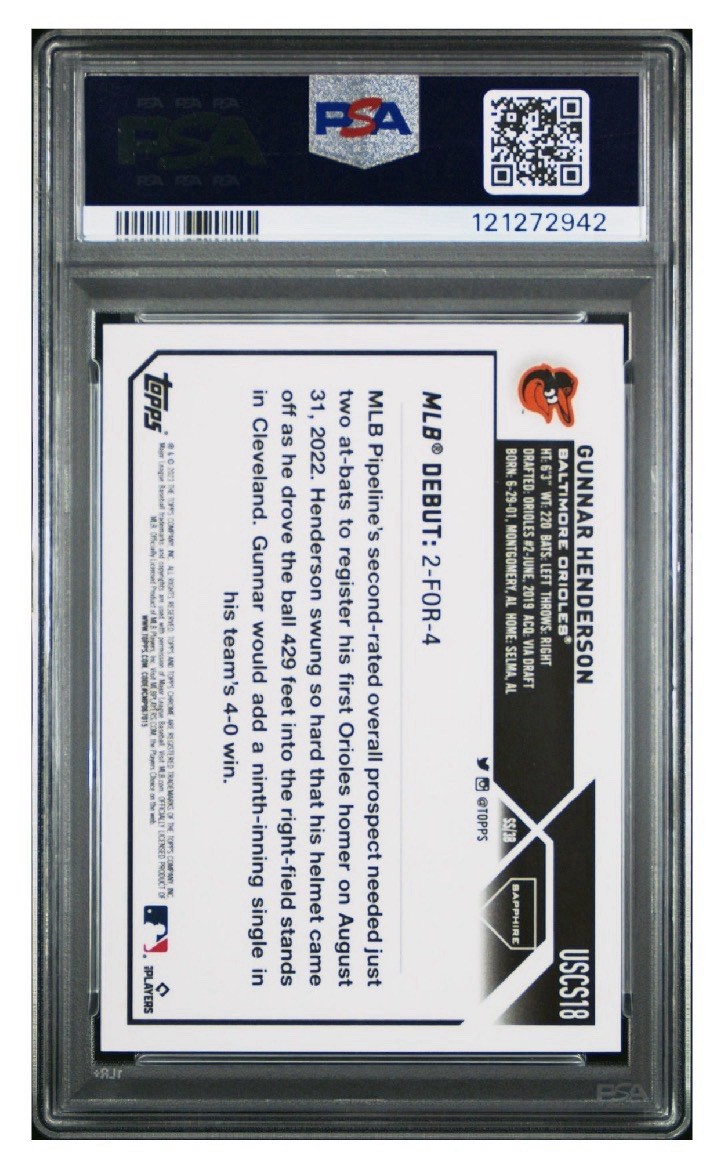 2023 Topps Chrome Update Sapphire Edition Gunnar Henderson PSA 10 #18 Orioles view 2
