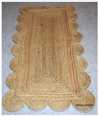 Rug 100% Natural Jute Scallop Design Hand Woven Indian Rug for Home Decor
