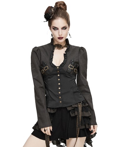 Devil Fashion Womens Steampunk Blouse Top Black Brown Stripe Victorian Gothic - Picture 13 of 24