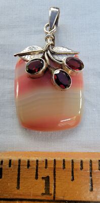 Vintage 925 Sterling Silber Botswana Achat Stein mit rotem Glas Kirsche Design Anhänger