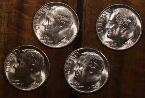 1946, 47, 48, & 49 D's Roosevelt Dimes  CH / GEM BU  LUSTER! 90% Silver US