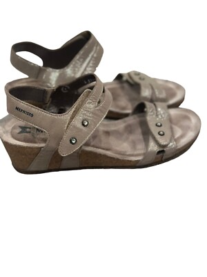 Mephisto Minoa Liz Leather Beige Shimmer Wedge Sandal Comfort