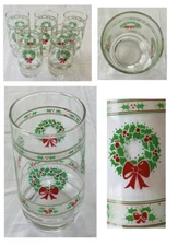 Vintage Indiana Christmas Glass Tumblers 16 oz. Wreath 5-Piece Set