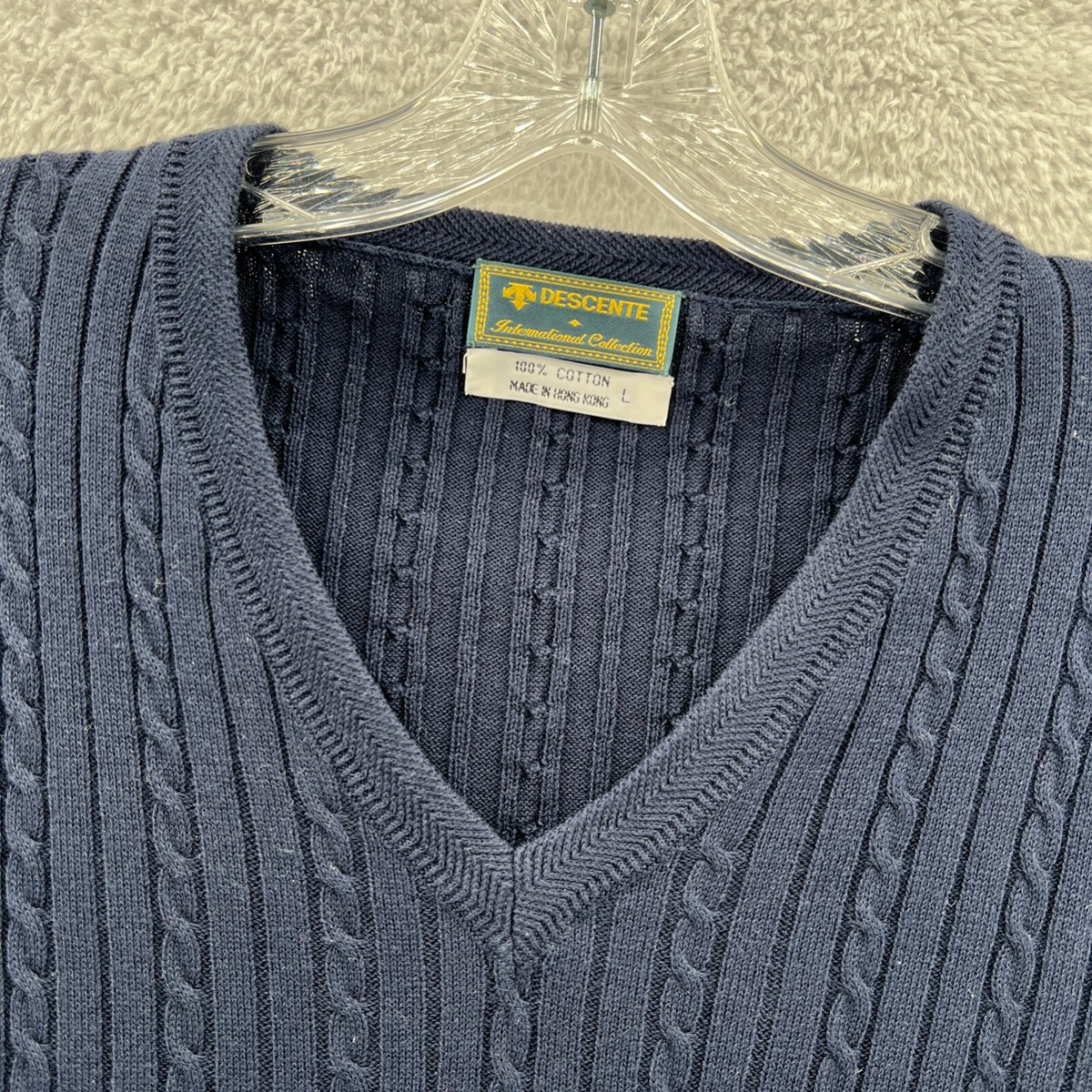 DESCENTE 青 長袖セーター L Descente Sweater Mens Large Blue Long Sleeve Cotton Cable