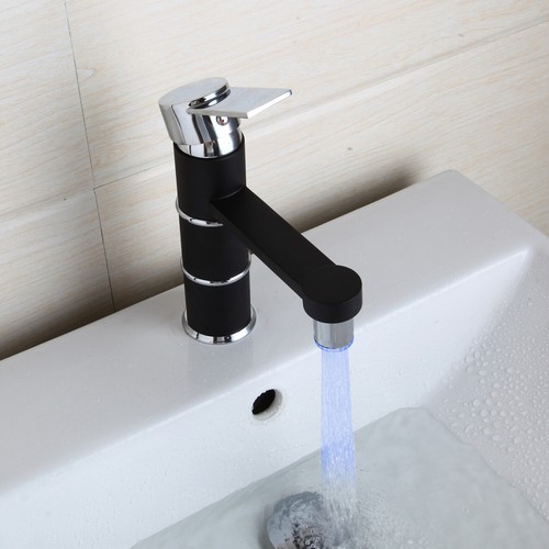 Rubinetto miscelatore lavabo bagno led nero singolo foro e maniglia montaggio a ponte - Foto 4 di 8