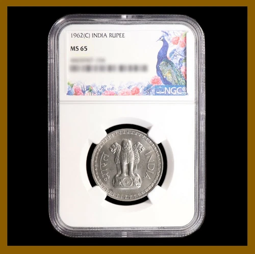 India 1 Rupee Coin, 1962 (C) Calcutta NGC MS 65 Wheat Stem Lion 4465947-155