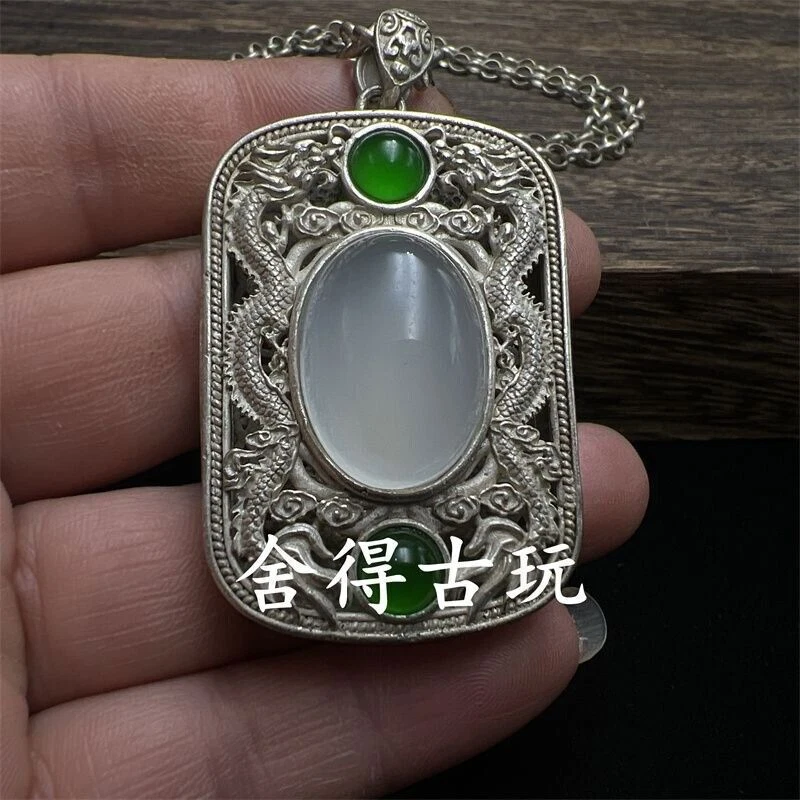Asian tibet silver copper doule dragon white jade Statue pendant and necklace - Image 3 of 4