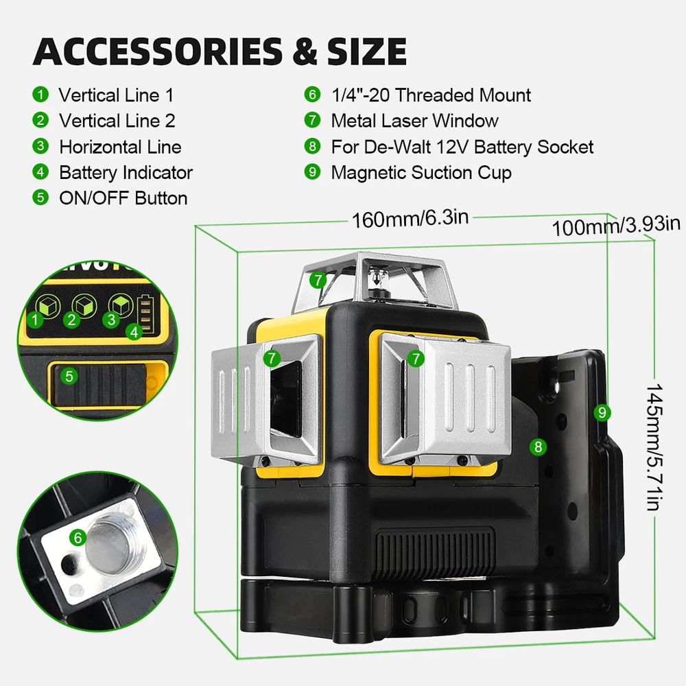 Laser Level for Dewalt 12V 3 Sides*360° Vertical 12 Lines Horizontal Green Light Laser Level for Dewalt 12V 3 Sides*360° Vertical 12 Lines Horizontal Green Light