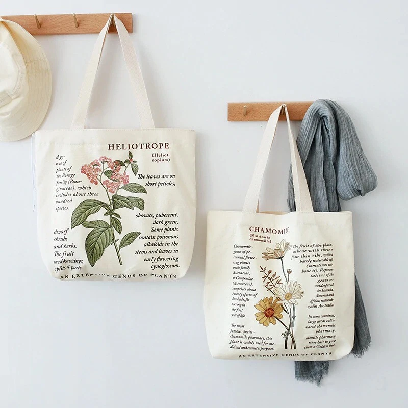 Vintage Floral Tote Bag Retro Hippie Canvas Literary Flower Shopping Handbag