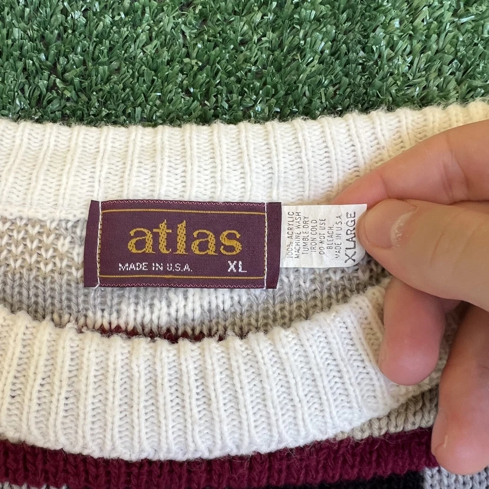 Suéter estilo abuelo XL vintage años 90 Atlas tejido 3D blanco granate dorado FSU Coogi estilo Foto 3 de 4