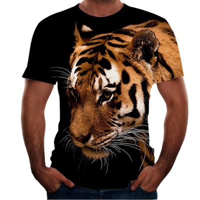 Mens 3D Animal Print Short Sleeve T-Shirt, Polyester Round Neck Casual Tee, Stra