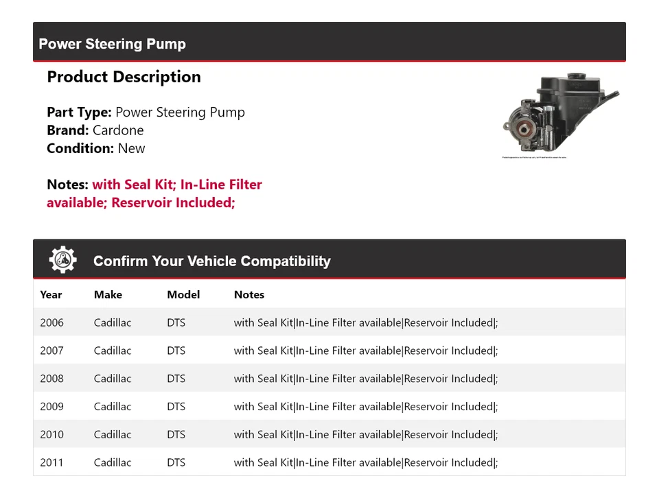 Bomba de dirección asistida Cardone para Cadillac DTS 2006-2011 2007 2008 2009 2010 Foto 2 de 4