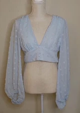 Miss Avenue Swiss Dot Blouse Sz L Crop Plunge Neck Lantern Sleeve Miss Avenue