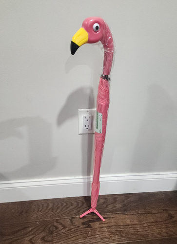 NEW Pink Flamingo Bird Handle Standing Umbrella Push Button Alice in Wonderland - Picture 3 of 7