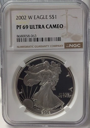 2002 W Proof American Silver Eagle 1 oz NGC PF69 Crooked Label - A469