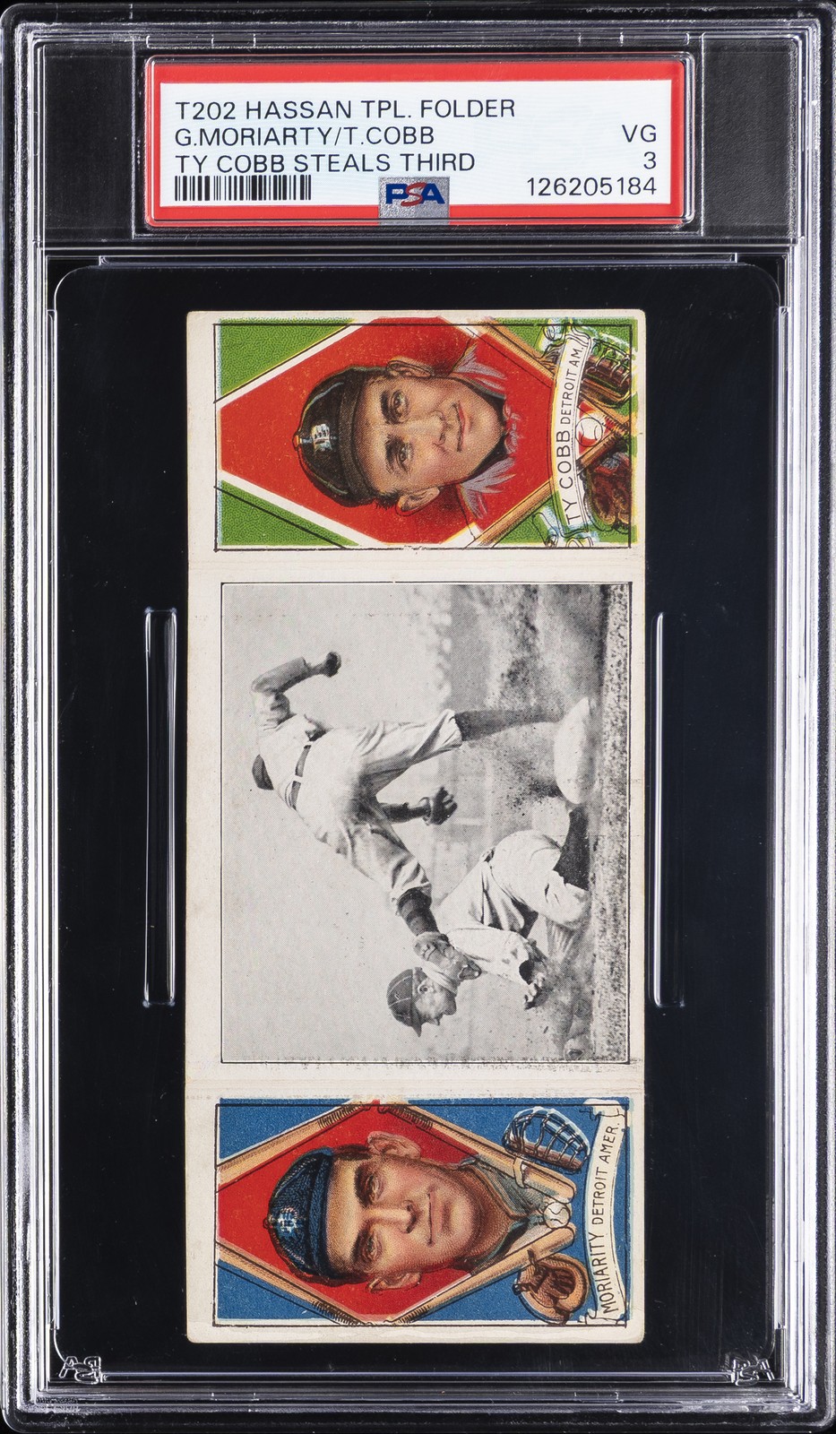 1912 T202 HASSAN TRIPLE FOLDER TY COBB STEALS THIRD G.MORIARTY/T.COBB PSA 3 view 1
