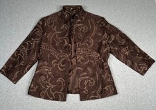 Chicos Sz 1 Brown w/ Gold Metallic Paisley Embroidered Jacket Open-Front Dressy