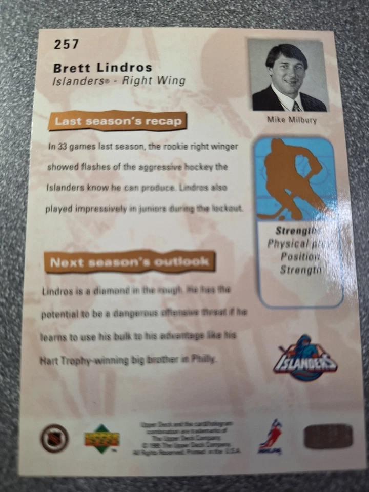 1995-96 Upper Deck - Mike Milbury's Scouting Report Brett Lindros #257 B875 - Image 2 of 2