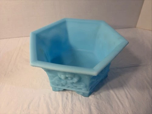 VINTAGE FENTON BLUE SATIN GLASS CHRYSANTHEMUM HEXAGON FOOTED PLANTER BOWL DISH