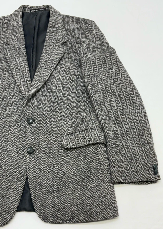 VTG 80s Dunn & Co Harris Tweed Two-Tone Gray Herringbone Wool Flannel Tweed 38R - Image 3 of 4