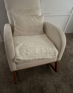 Upholstered Beige Rocking Chair with Comfort Pillow, Wooden Base, Modern Design