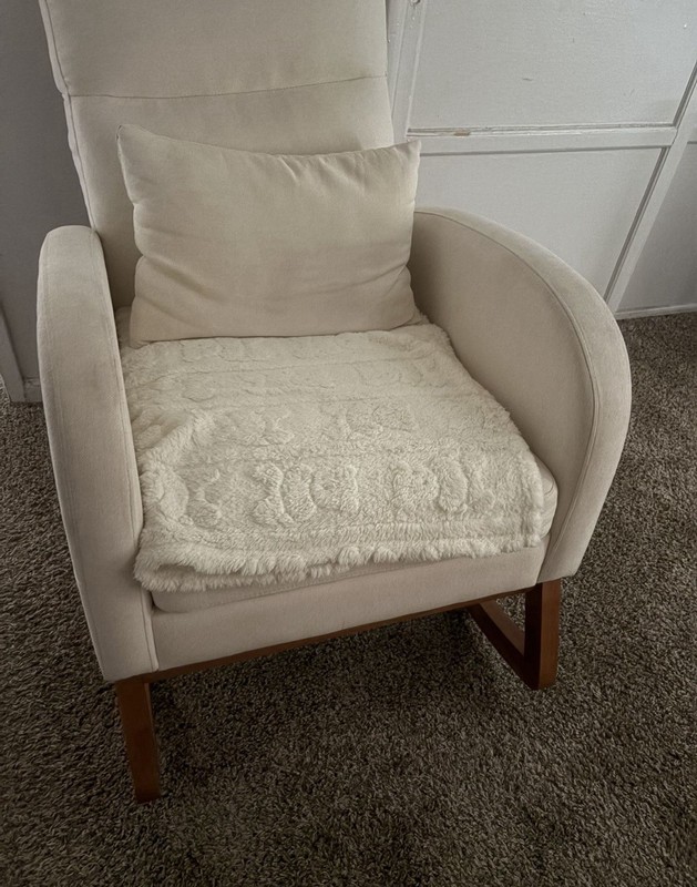 Upholstered Beige Rocking Chair with Comfort Pillow, Wooden Base, Modern Design