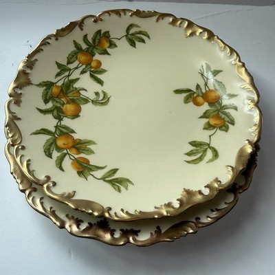 Two 8  T&V Limoges Luncheon Plates-Hand Painted Oranges Gilt-Greenleaf & Crosby