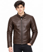Men's Genuine Sheepskin Leather Jacket Brown Racer Motorcycle Biker Free Ship