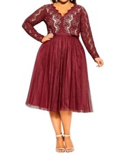 City Chic Rare Beauty Midi Dress Woman Plus 22W Merlot Lacey Cocktail Party Nwt