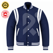 Para hombres Azul Marino Blanco Varsity Letterman Chaqueta Béisbol Bombardero Abrigo Botón a Presión