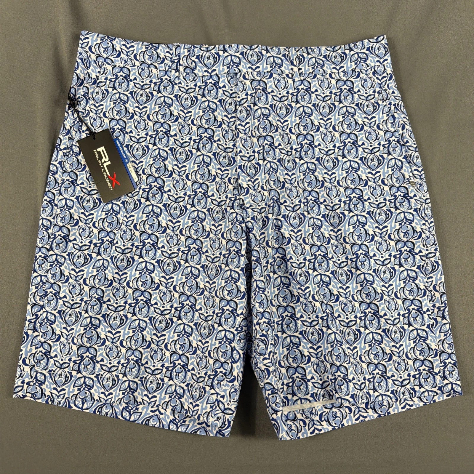 RLX Ralph Lauren Golf Shorts Fish Print 34 x 9 Blue Polyester Spandex MSRP $125