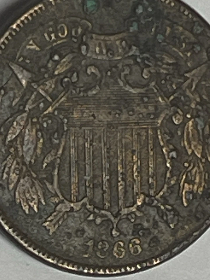 1866 2 CENT Piece Shield Bronze Original Vintage Antique Coin Free Shipping - Image 3 of 4