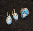 Vintage Russian Sterling Silver Hand Painted Enamel Jewelry Set-Ring & Earrings