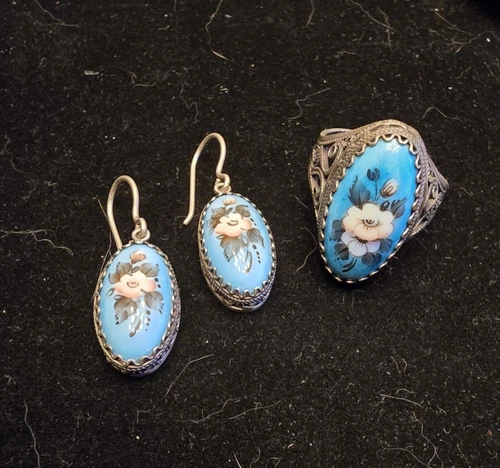 Vintage Russian Sterling Silver Hand Painted Enamel Jewelry Set-Ring & Earrings