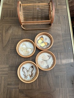 Wood Butterfly Round Coasters 5pc Set w/ Holder Rack Stand 4in Vintage/Retro