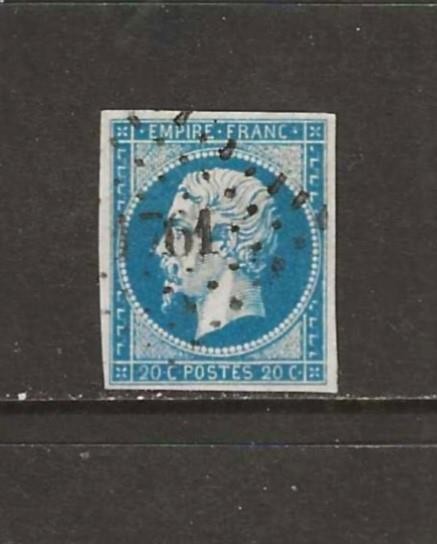 FRANCE - 1853-60 USED EMPEROR NAPOLEON III 20c BLUE STAMP - SCOTT 15 - S200